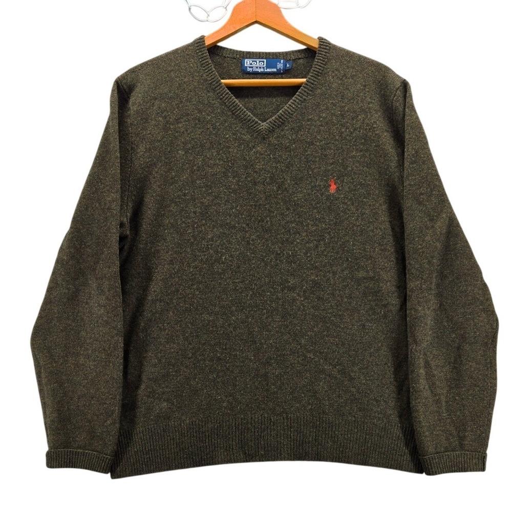 Polo Ralph Lauren Olive Green V-Neck Sweater 100% Lambswool Italian Yarn Large